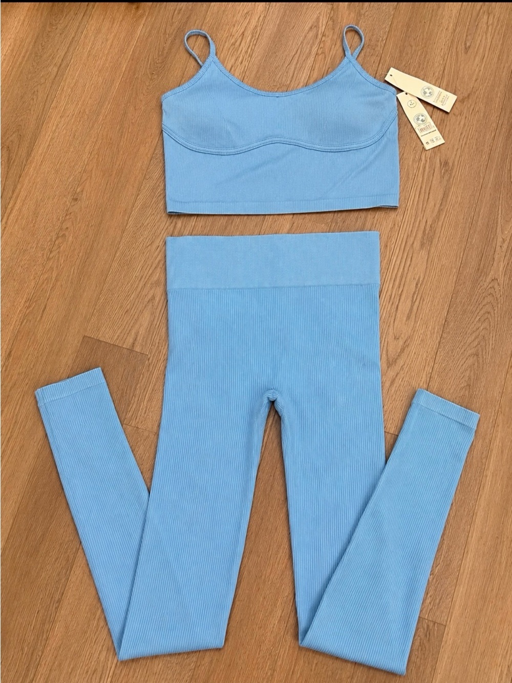 NWT Soft AF Ribbed Blue Activewear Set Sports Bra & High Waist Leggings XL 16-18